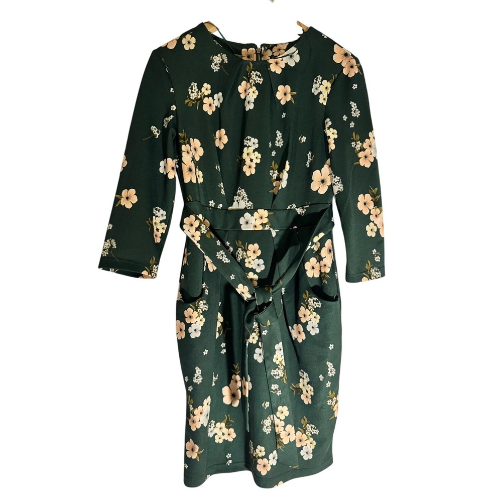 NWT Suzy Shier Green Floral Tie Waist Sheath Dress Small